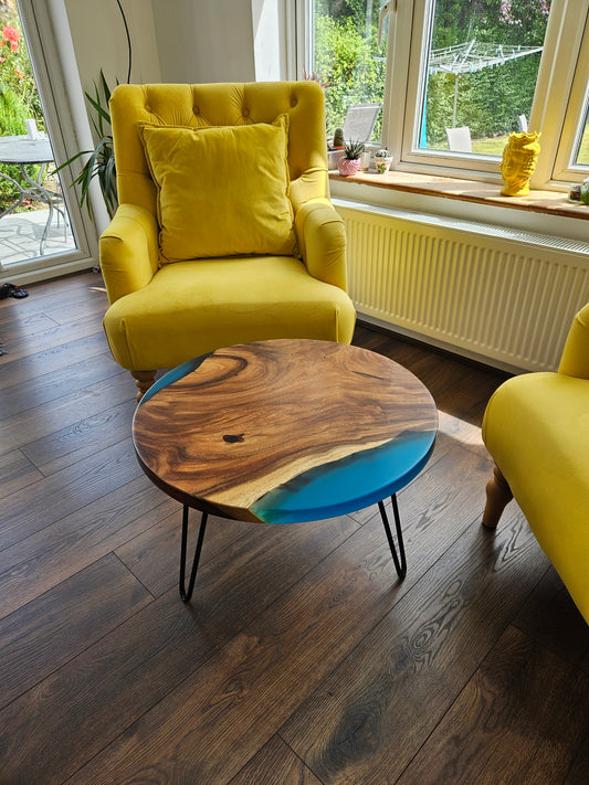 Blue Epoxy Resin Walnut Coffee Table